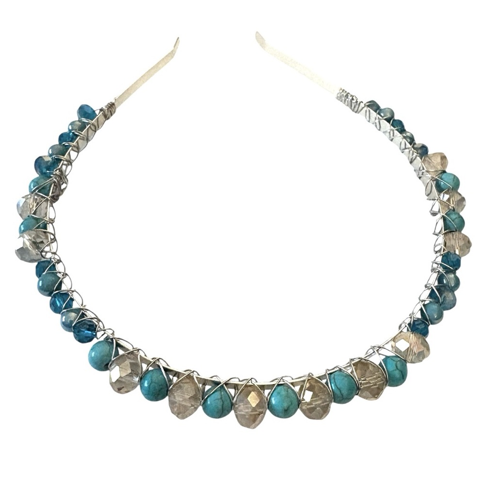 Silver Headband with Turquoise, Austrian Crystals and Electroplated Glass Beads
